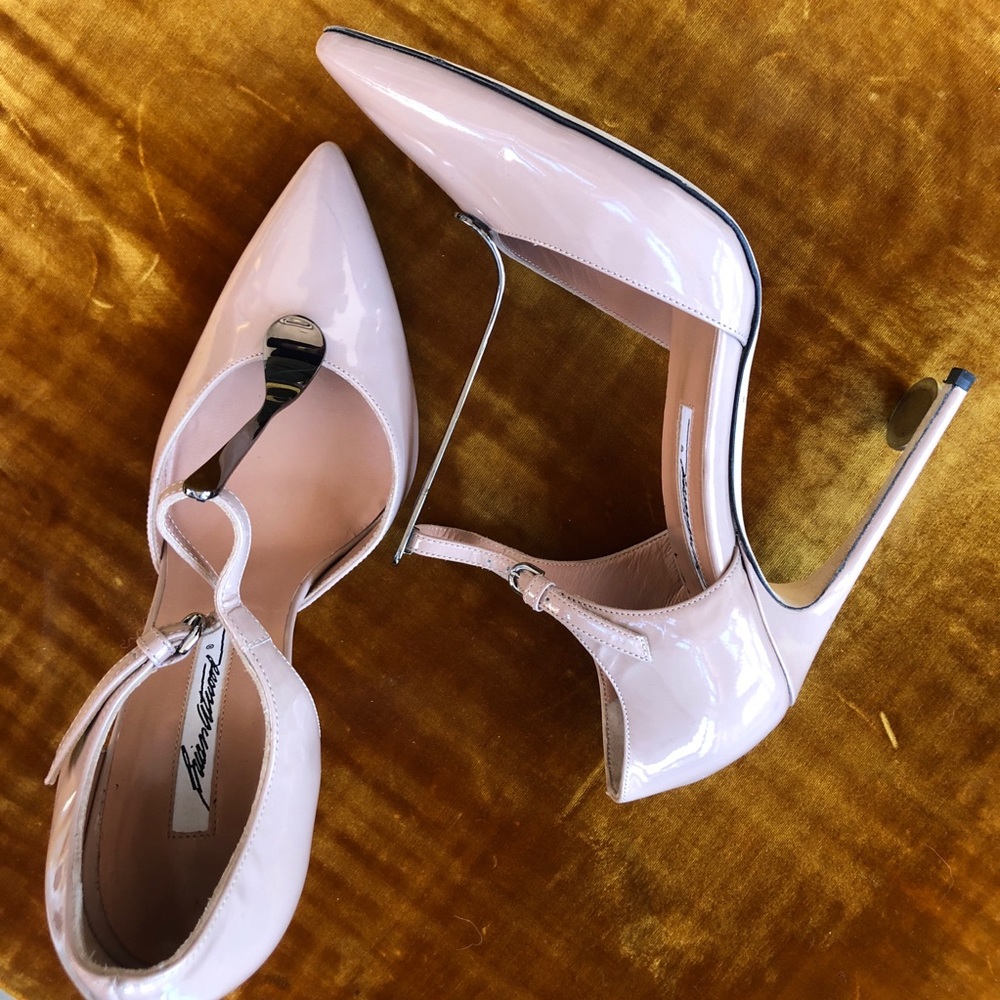 Brian Atwood Tbar pump in nude patent leather